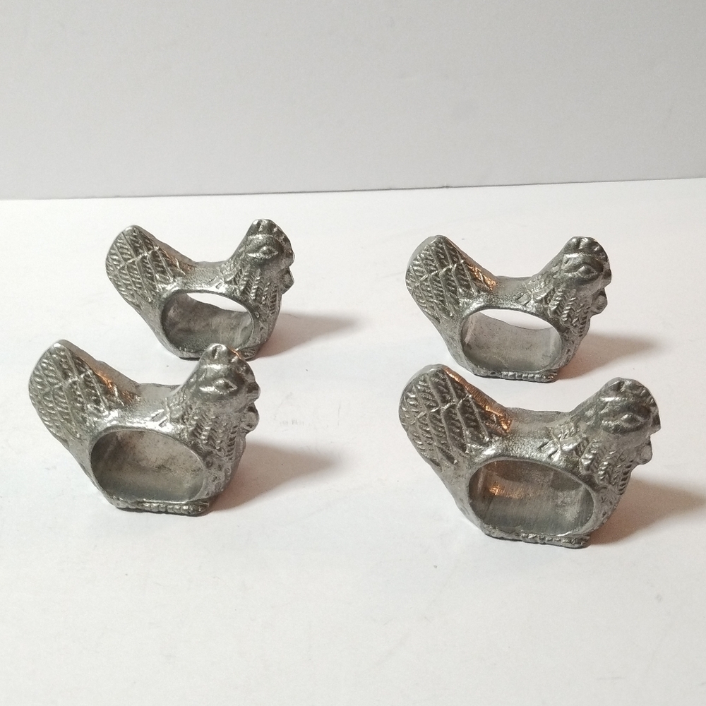 Lot of 4 Chicken Pewter Napkin Ring Holders Set Vintage Chicken Napkin Rings